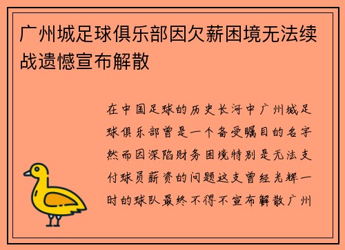 广州城足球俱乐部因欠薪困境无法续战遗憾宣布解散